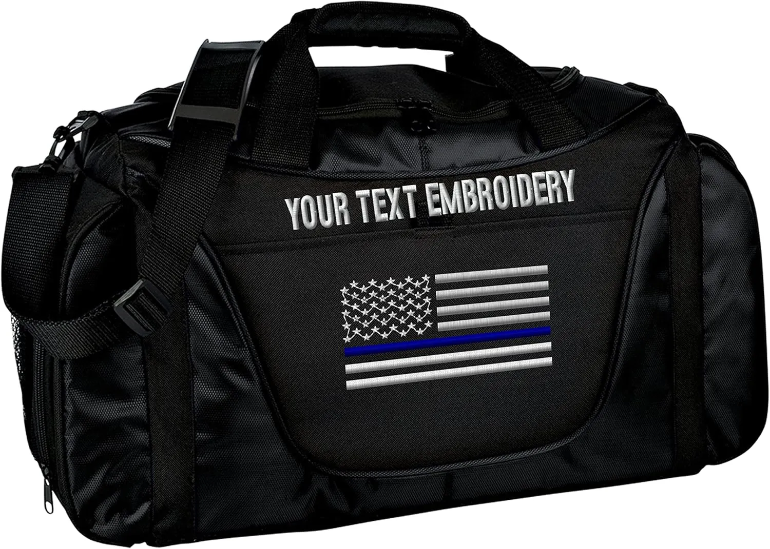 Gym Duffel bag Custom Embroidered Thin Red line or Blue line USA flag Travel Work Out Bag (Black/Black)