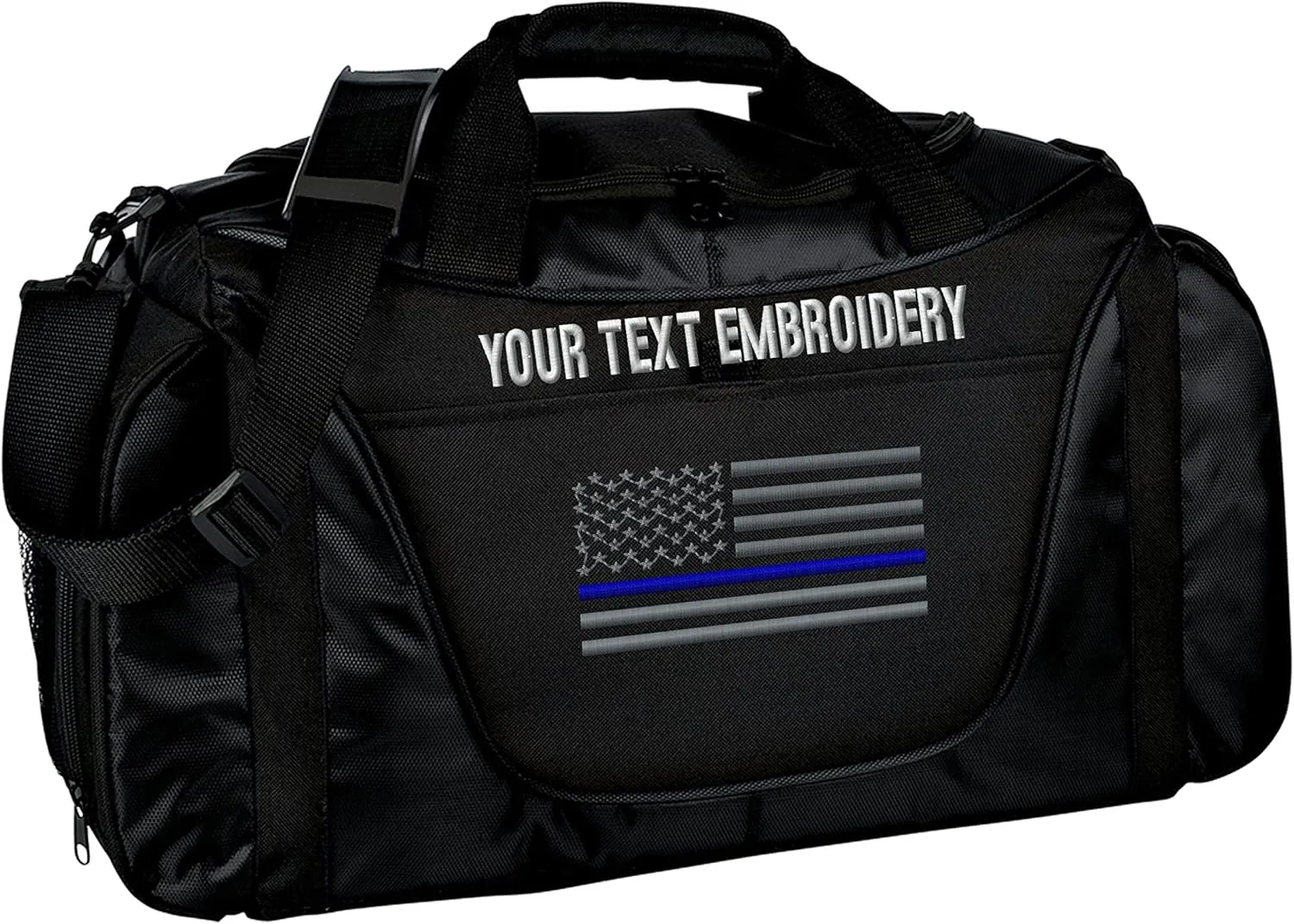 Gym Duffel bag Custom Embroidered Thin Red line or Blue line USA flag Travel Work Out Bag (Black/Black)