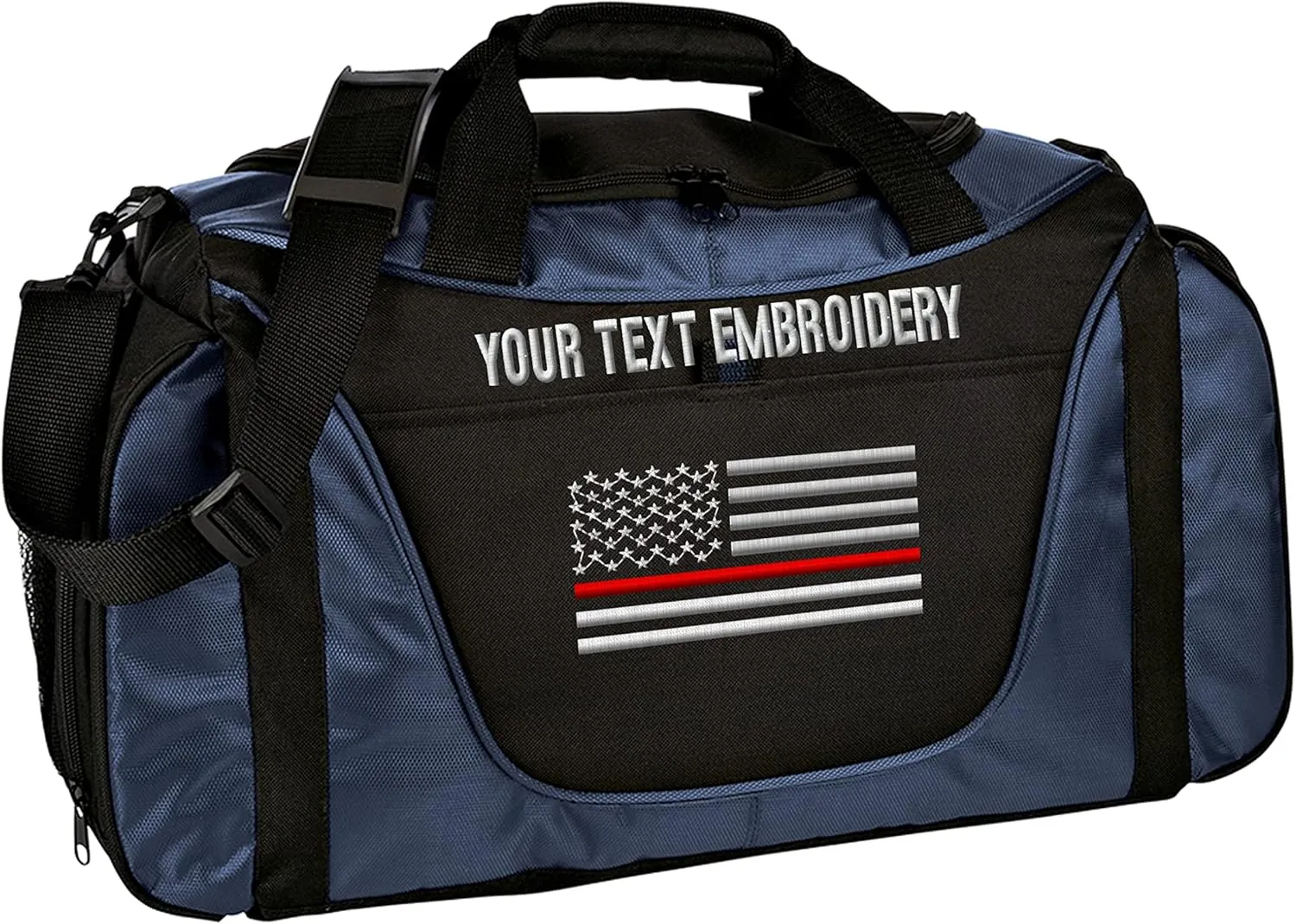 Gym Duffel bag Custom Embroidered Thin Red line or Blue line USA flag Travel Work Out Bag (Navy/Black)