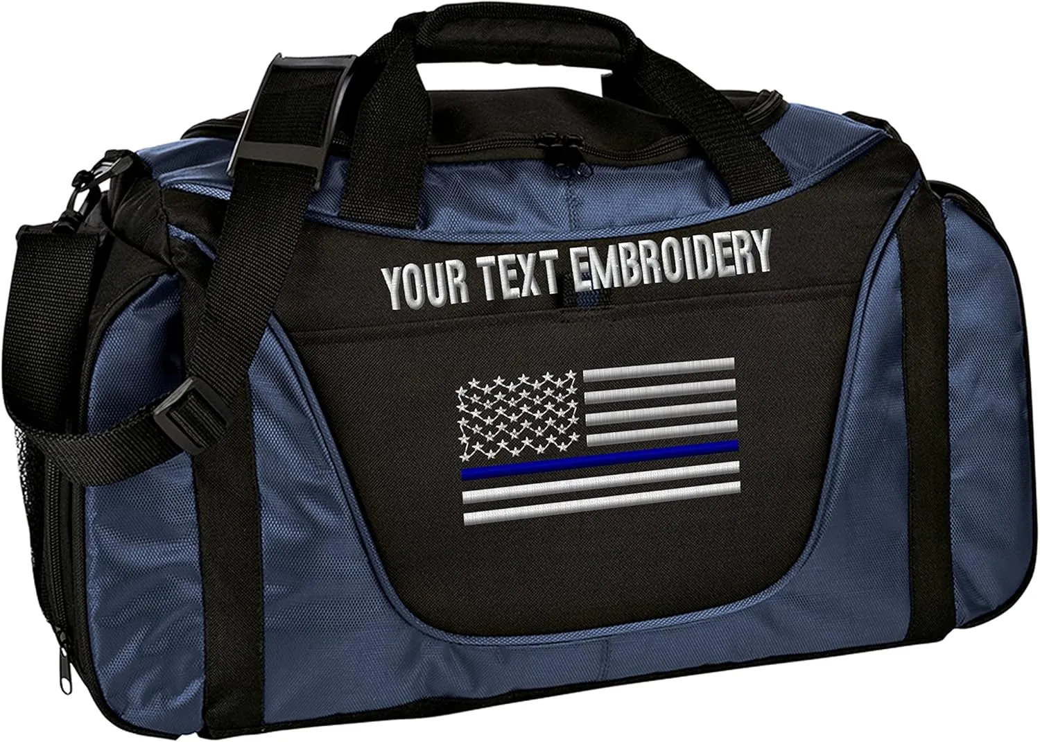 Gym Duffel bag Custom Embroidered Thin Red line or Blue line USA flag Travel Work Out Bag (Navy/Black)