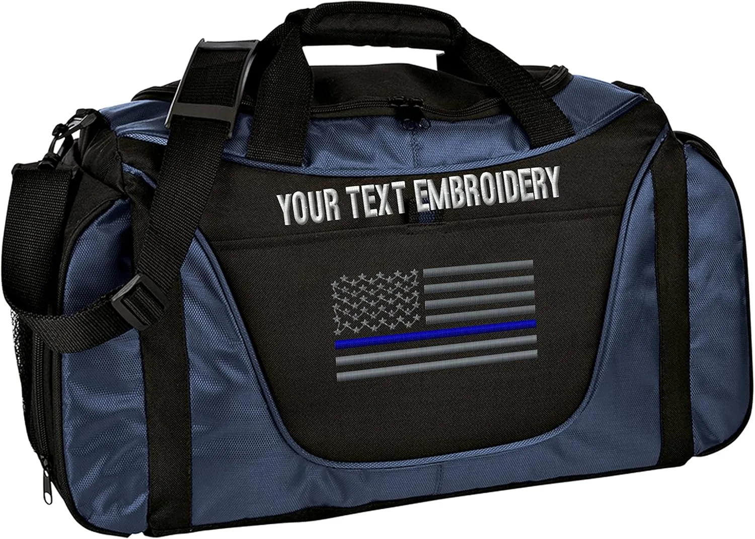Gym Duffel bag Custom Embroidered Thin Red line or Blue line USA flag Travel Work Out Bag (Navy/Black)