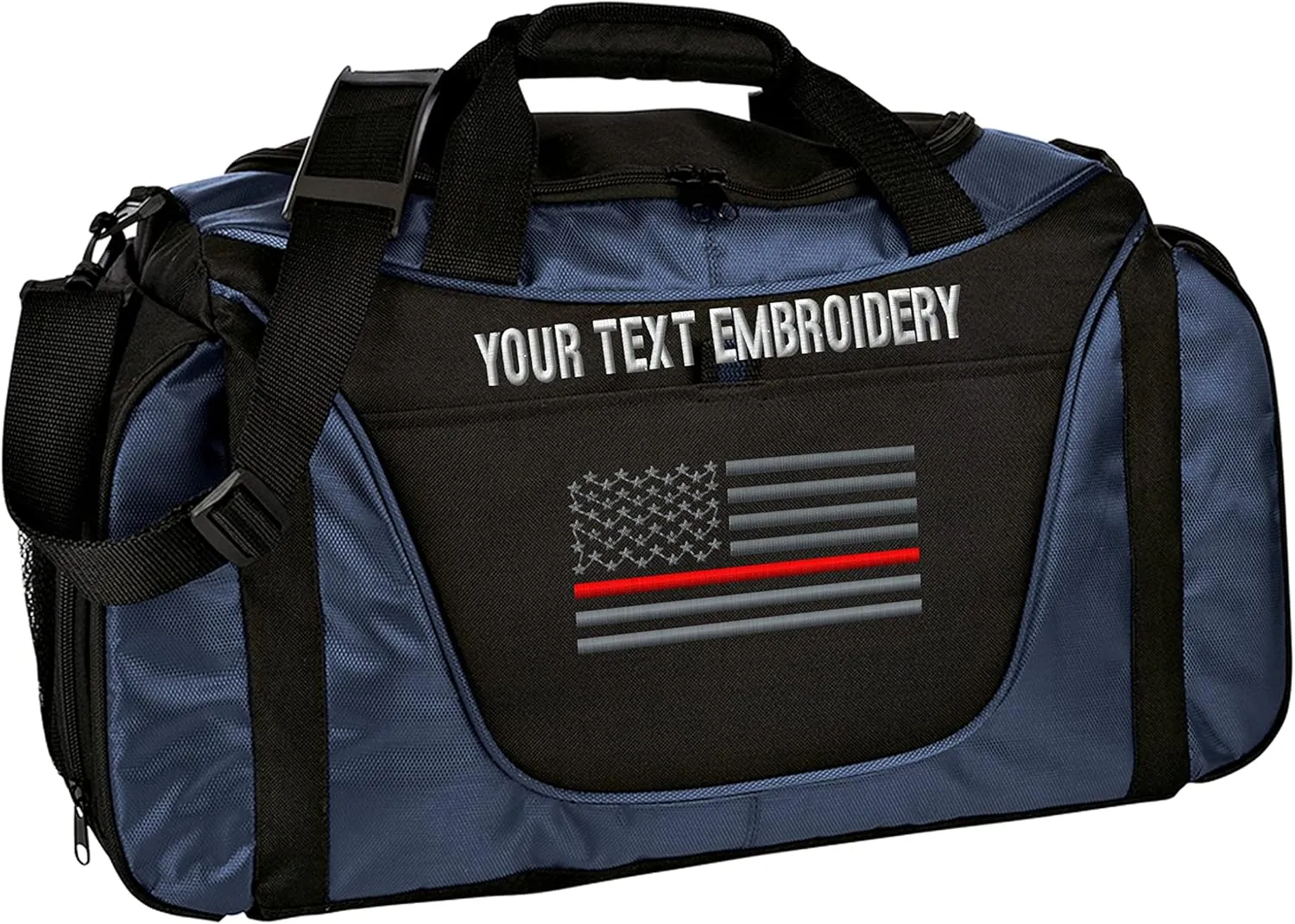 Gym Duffel bag Custom Embroidered Thin Red line or Blue line USA flag Travel Work Out Bag (Navy/Black)