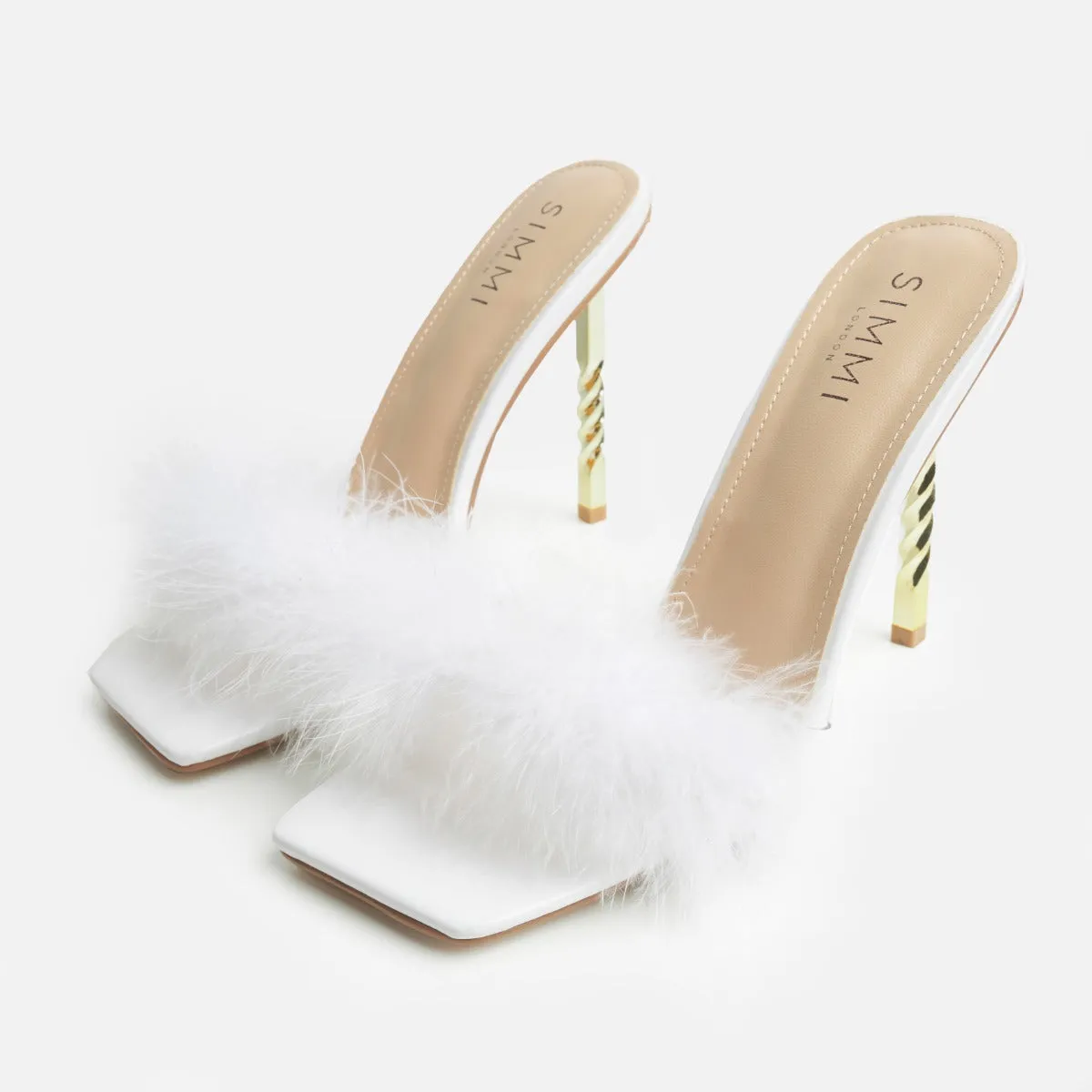 Hally White Fluffy Twisted Stiletto Mules