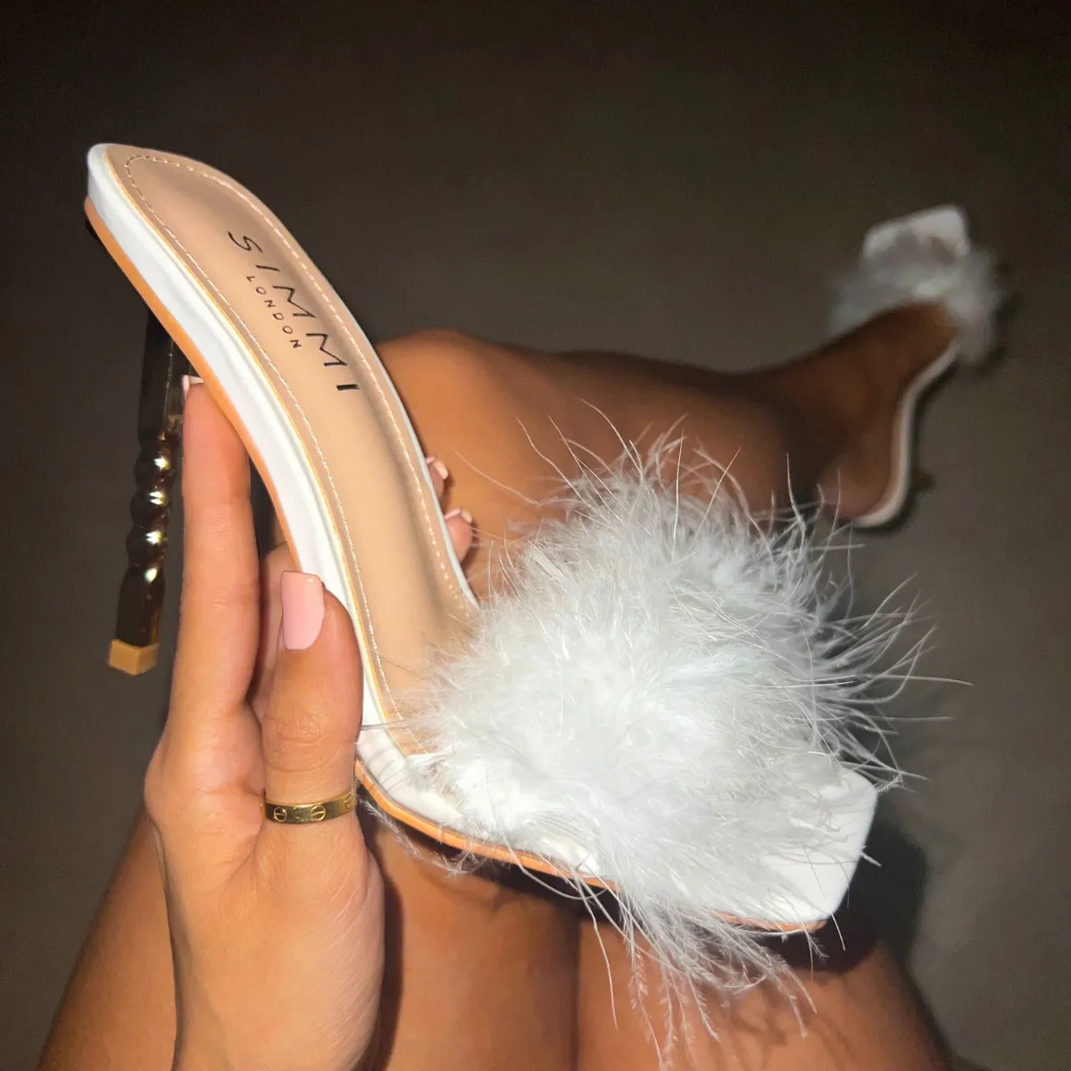 Hally White Fluffy Twisted Stiletto Mules
