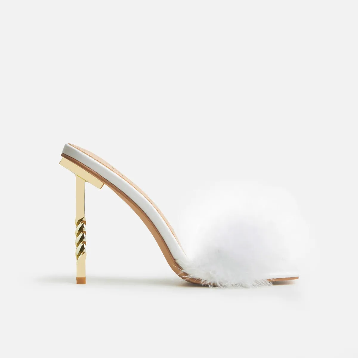Hally White Fluffy Twisted Stiletto Mules
