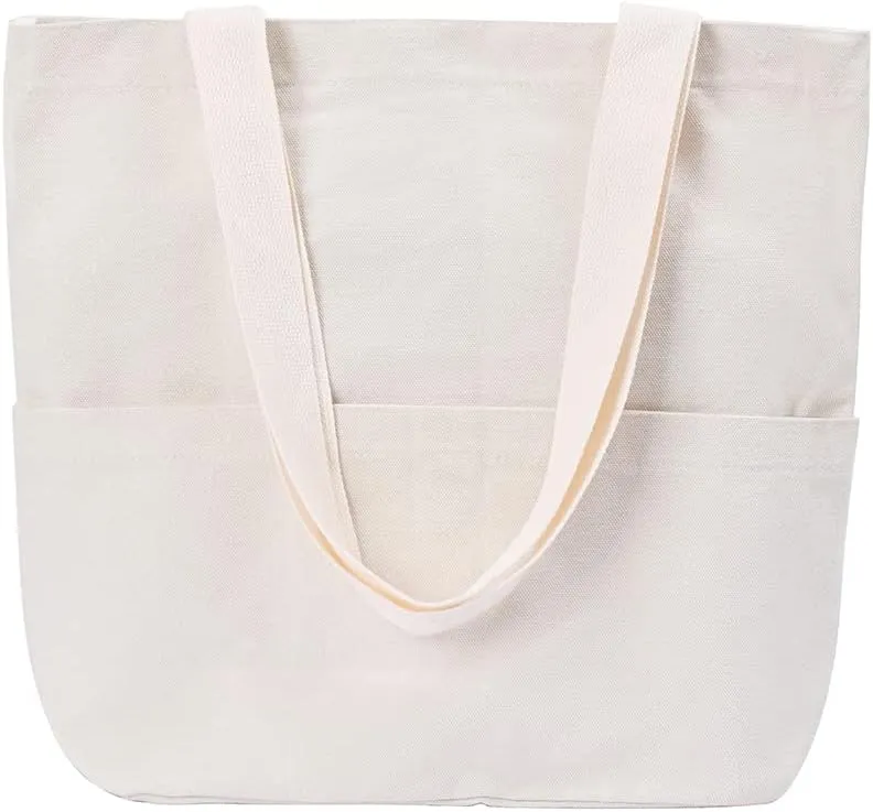 Heavy Duty Durable Canvas Zipper Close Large Grocery Bag Beach Tote Shopping Bag With Outer Pockets Tote