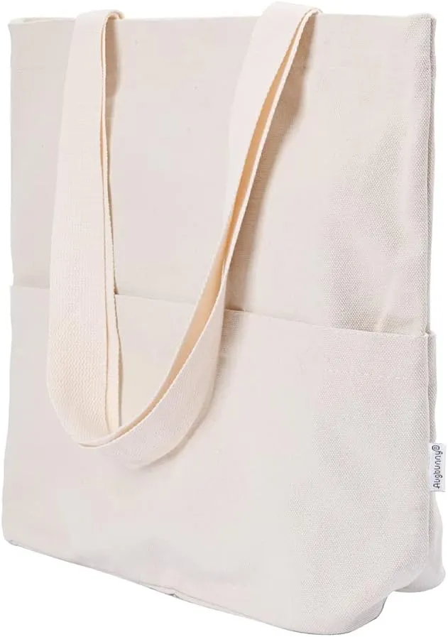 Heavy Duty Durable Canvas Zipper Close Large Grocery Bag Beach Tote Shopping Bag With Outer Pockets Tote