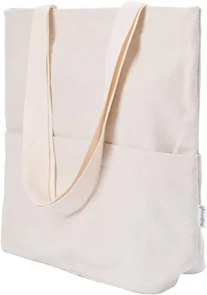 Heavy Duty Durable Canvas Zipper Close Large Grocery Bag Beach Tote Shopping Bag With Outer Pockets Tote