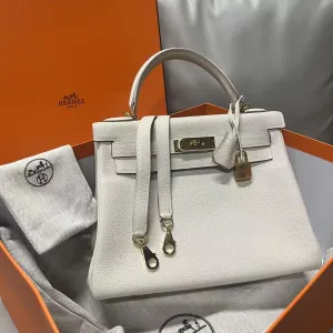 Hermes Kelly 28 Togo Leather White Top Handle Bag - Brand New Full Set