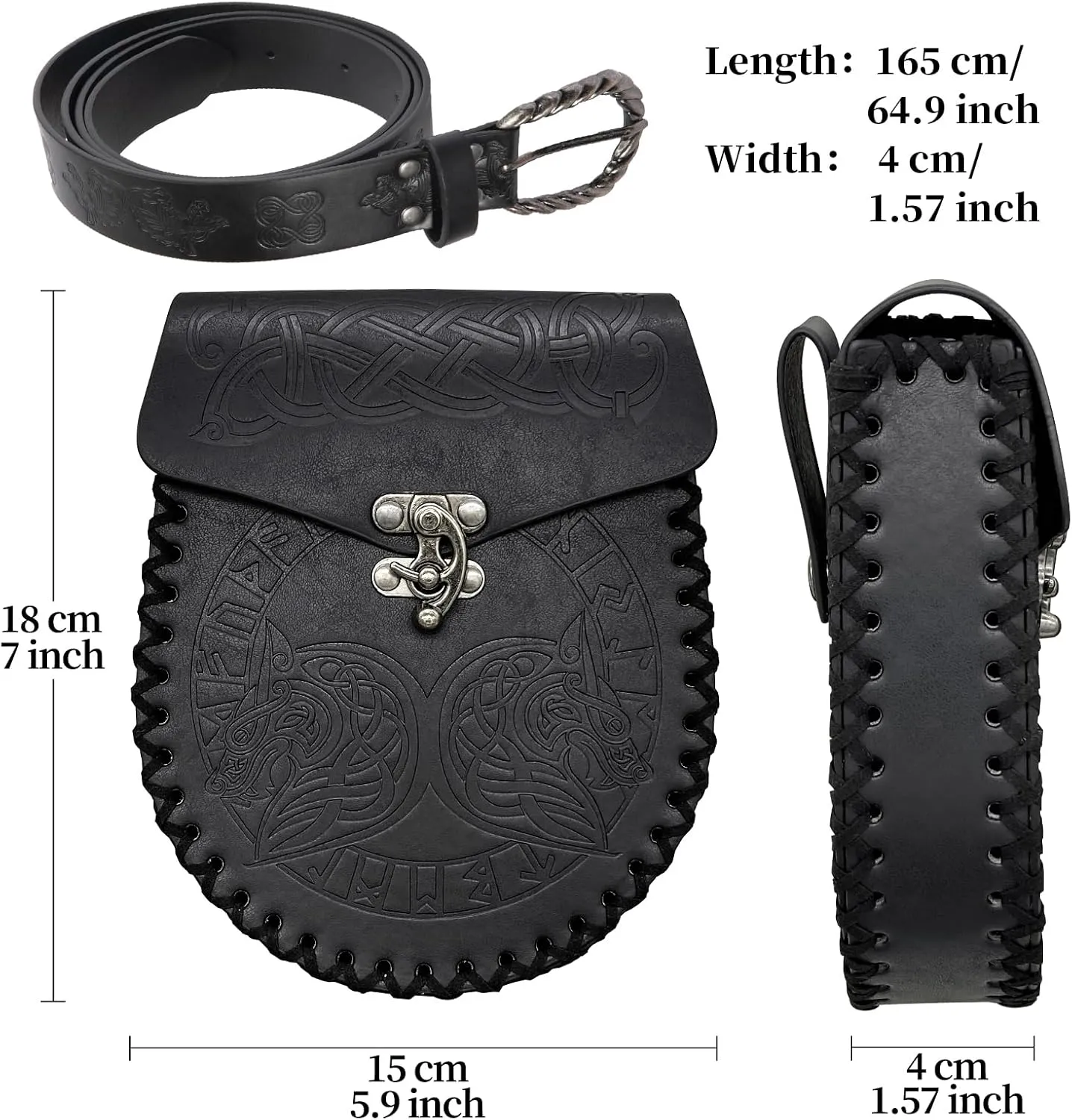 HiiFeuer Medieval Embossed O Ring Belt with Nordic Embossed Belt Bag, Vintage Faux Leather Belt and Belt Pouch Set for LARP
