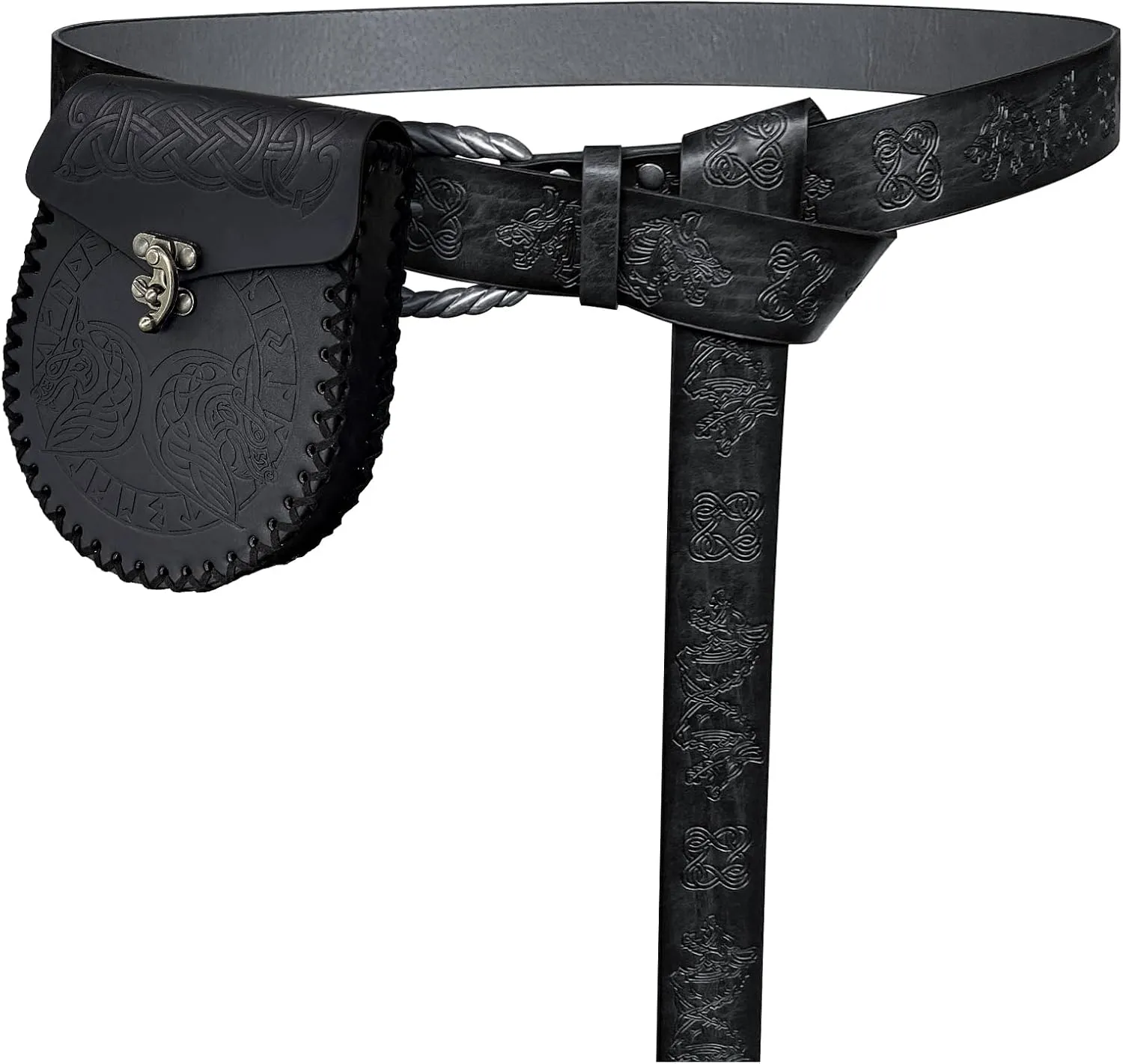 HiiFeuer Medieval Embossed O Ring Belt with Nordic Embossed Belt Bag, Vintage Faux Leather Belt and Belt Pouch Set for LARP