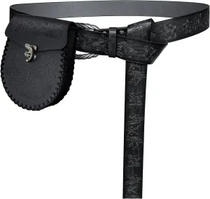HiiFeuer Medieval Embossed O Ring Belt with Nordic Embossed Belt Bag, Vintage Faux Leather Belt and Belt Pouch Set for LARP