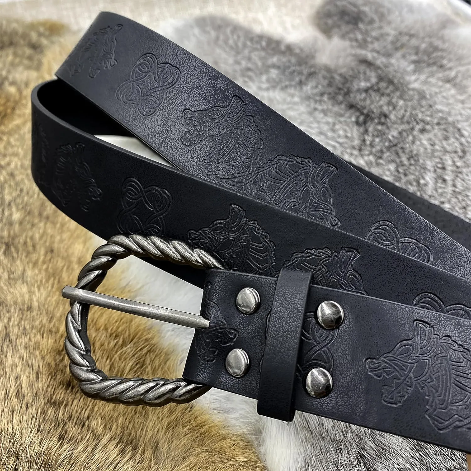 HiiFeuer Medieval Embossed O Ring Belt with Nordic Embossed Belt Bag, Vintage Faux Leather Belt and Belt Pouch Set for LARP