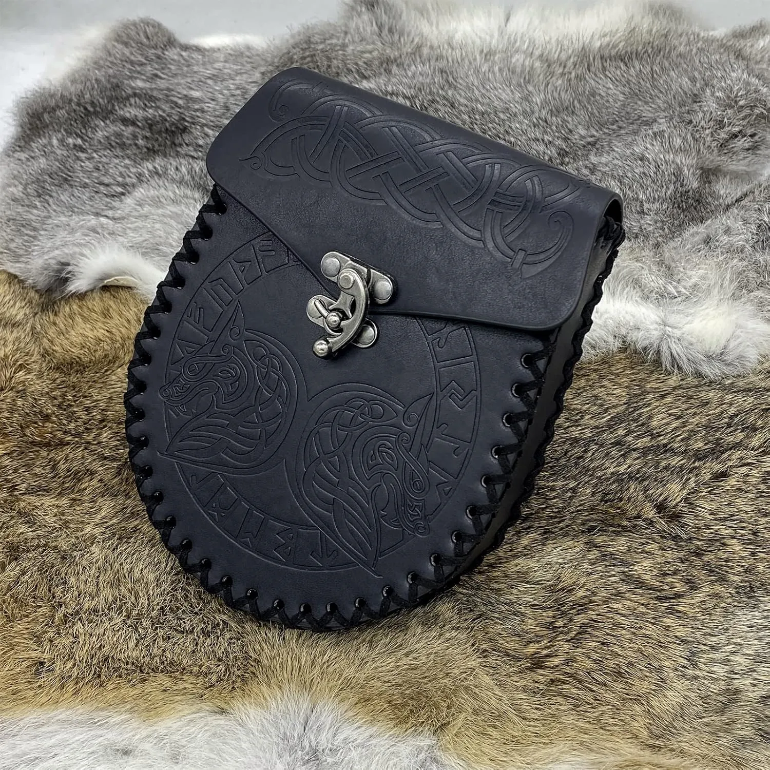 HiiFeuer Medieval Embossed O Ring Belt with Nordic Embossed Belt Bag, Vintage Faux Leather Belt and Belt Pouch Set for LARP