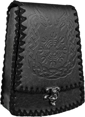 HiiFeuer Nordic Embossed Faux Leather Belt Bag, Medieval Retro Waist Bag, Vintage Portable Buckle Belt Pouch for Ren Faire (Black A)
