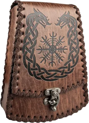 HiiFeuer Nordic Embossed Faux Leather Belt Bag, Medieval Retro Waist Bag, Vintage Portable Buckle Belt Pouch for Ren Faire (Brown A)