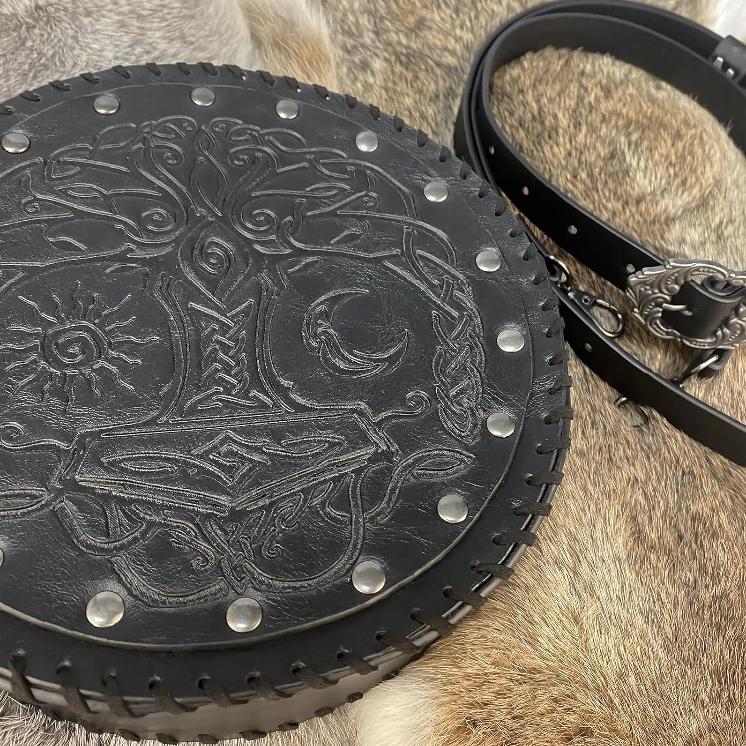 HiiFeuer Viking Embossed Crossbody Bag, Nordic Faux Leather Belt Bag Satchel Bag, Medieval Portable Cosplay Shoulder Bag (Black B)