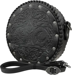 HiiFeuer Viking Embossed Crossbody Bag, Nordic Faux Leather Belt Bag Satchel Bag, Medieval Portable Cosplay Shoulder Bag (Black B)