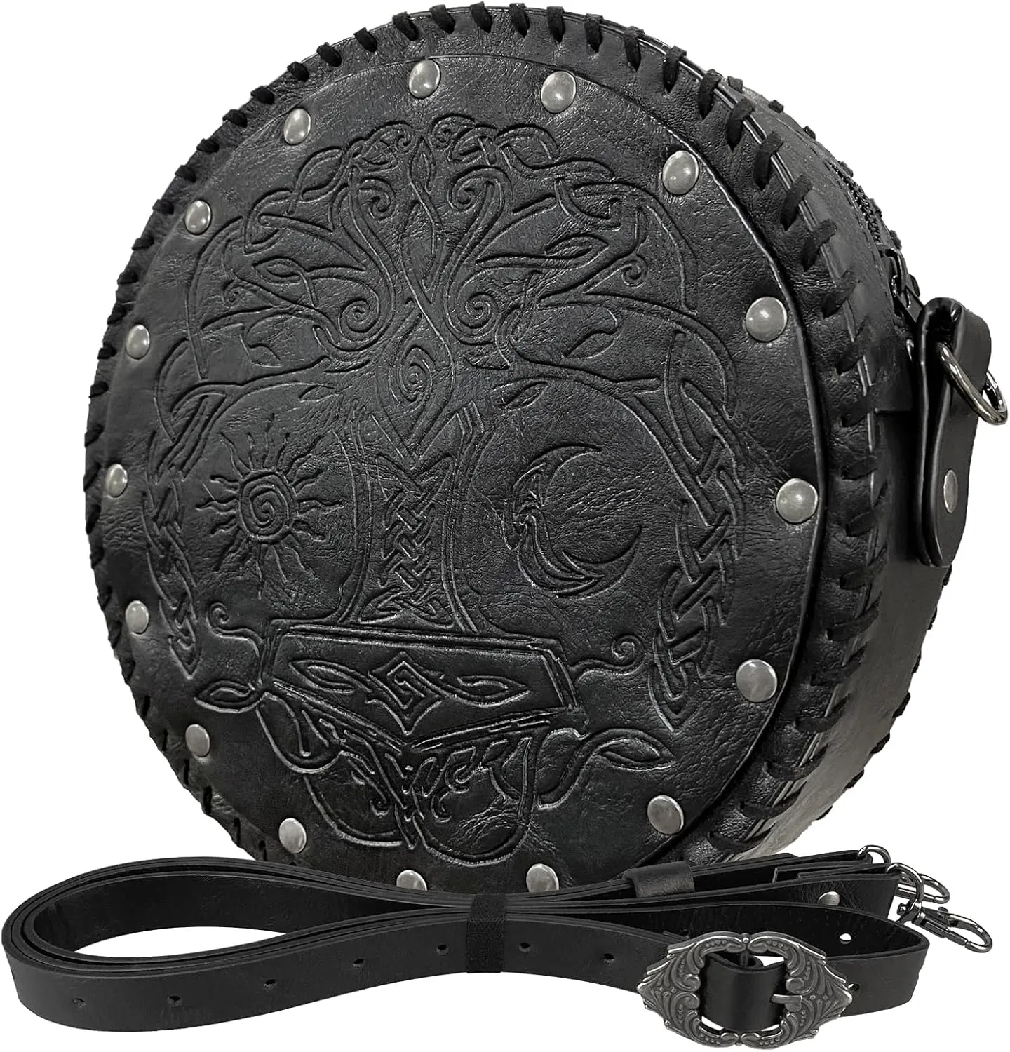 HiiFeuer Viking Embossed Crossbody Bag, Nordic Faux Leather Belt Bag Satchel Bag, Medieval Portable Cosplay Shoulder Bag (Black B)
