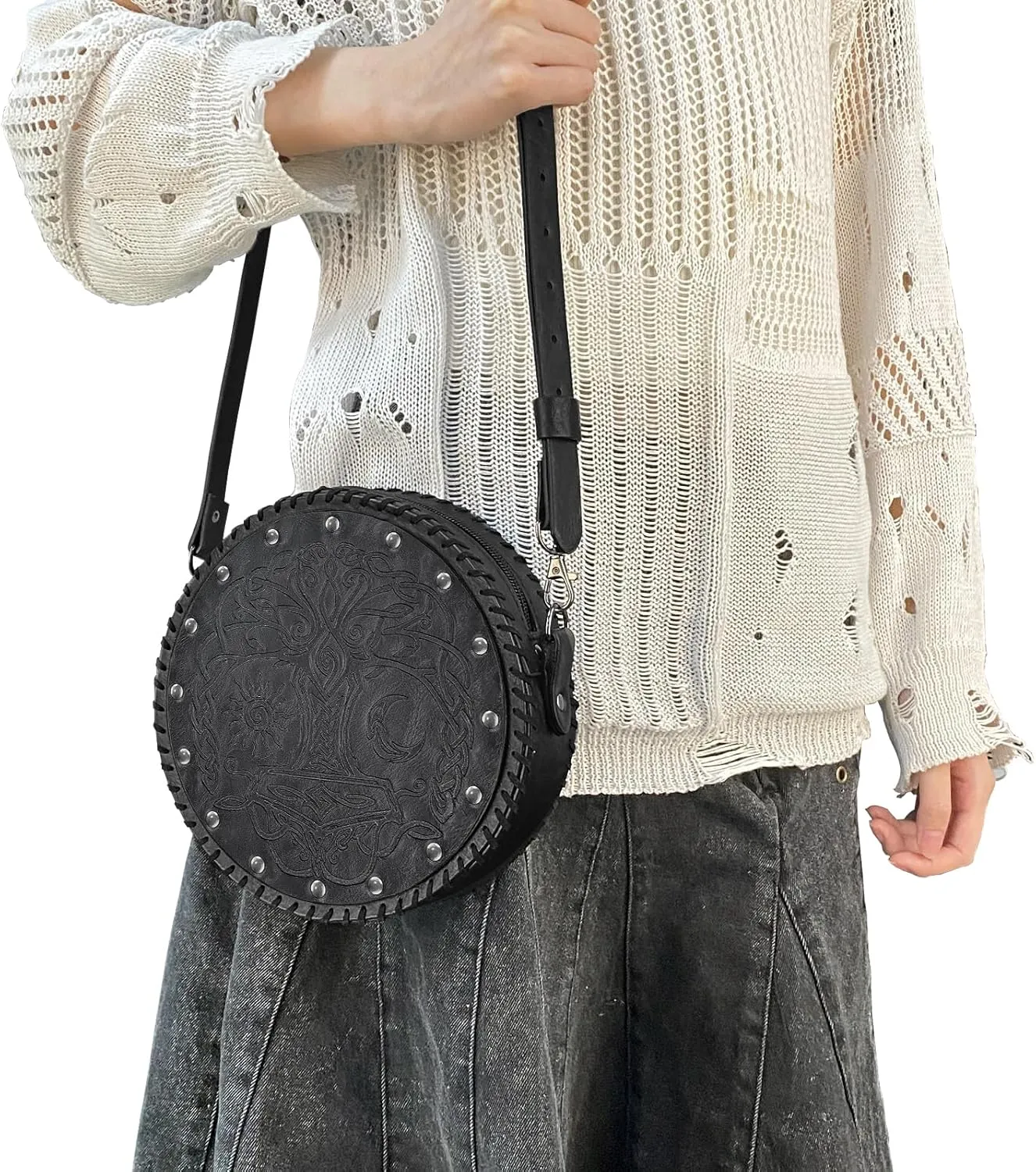 HiiFeuer Viking Embossed Crossbody Bag, Nordic Faux Leather Belt Bag Satchel Bag, Medieval Portable Cosplay Shoulder Bag (Black B)