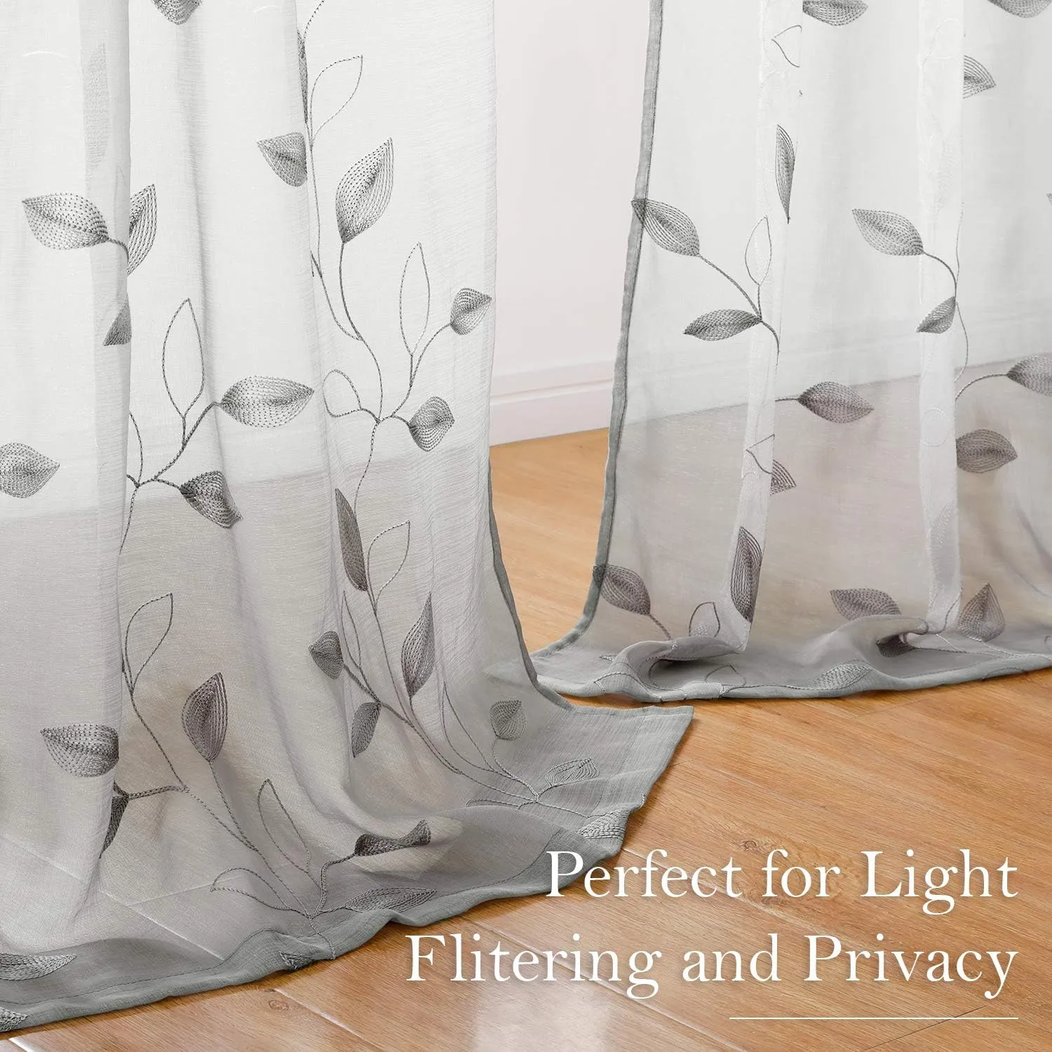 HOMEIDEAS Light Grey/Gray Sheer Curtains 52 X 84 Inches Long 2 Panels Embroidered Leaf Pattern Pocket Faux Linen Floral Semi Sheer Voile Window Curtains/Drapes for Bedroom Living Room