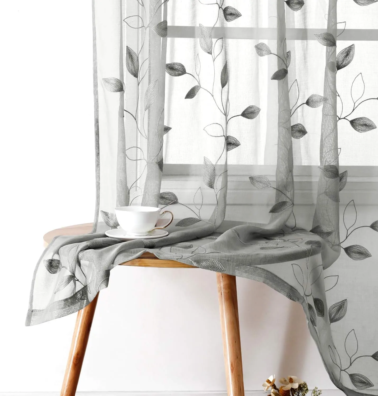 HOMEIDEAS Light Grey/Gray Sheer Curtains 52 X 84 Inches Long 2 Panels Embroidered Leaf Pattern Pocket Faux Linen Floral Semi Sheer Voile Window Curtains/Drapes for Bedroom Living Room