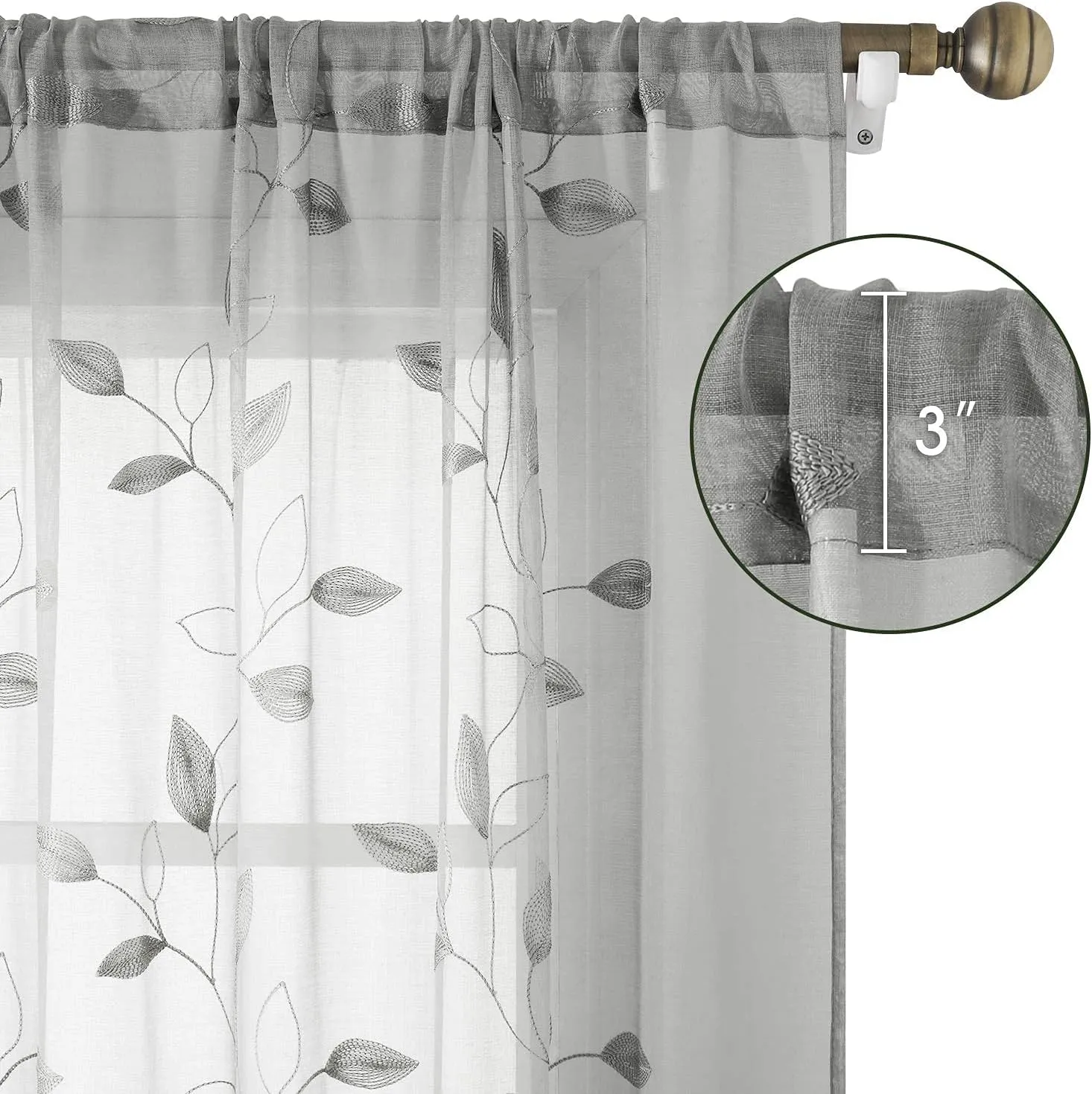 HOMEIDEAS Light Grey/Gray Sheer Curtains 52 X 84 Inches Long 2 Panels Embroidered Leaf Pattern Pocket Faux Linen Floral Semi Sheer Voile Window Curtains/Drapes for Bedroom Living Room