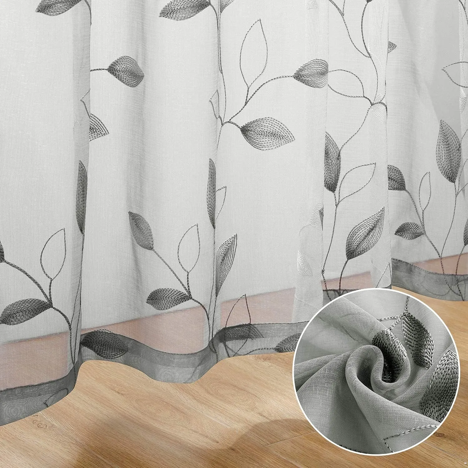 HOMEIDEAS Light Grey/Gray Sheer Curtains 52 X 84 Inches Long 2 Panels Embroidered Leaf Pattern Pocket Faux Linen Floral Semi Sheer Voile Window Curtains/Drapes for Bedroom Living Room