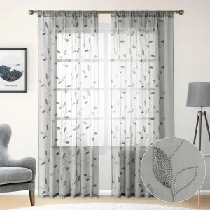 HOMEIDEAS Light Grey/Gray Sheer Curtains 52 X 84 Inches Long 2 Panels Embroidered Leaf Pattern Pocket Faux Linen Floral Semi Sheer Voile Window Curtains/Drapes for Bedroom Living Room