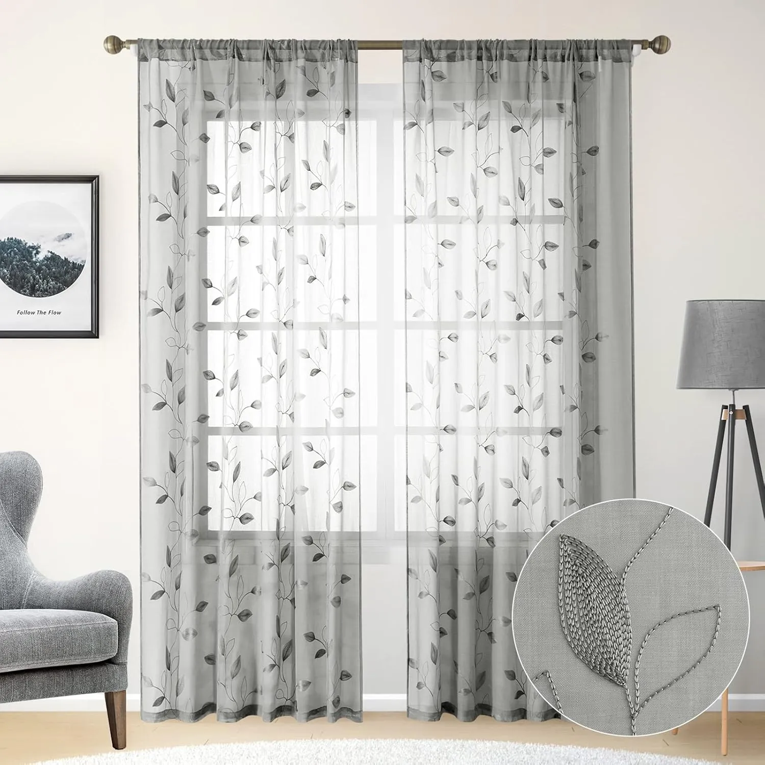 HOMEIDEAS Light Grey/Gray Sheer Curtains 52 X 84 Inches Long 2 Panels Embroidered Leaf Pattern Pocket Faux Linen Floral Semi Sheer Voile Window Curtains/Drapes for Bedroom Living Room
