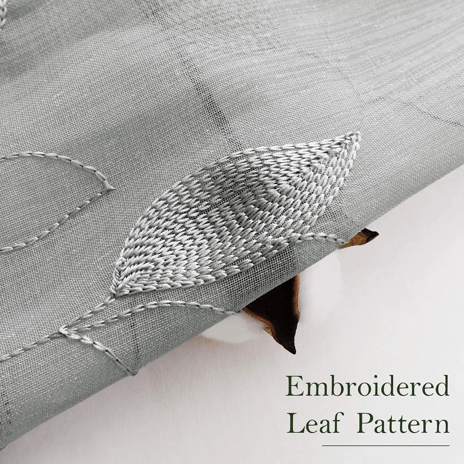 HOMEIDEAS Light Grey/Gray Sheer Curtains 52 X 84 Inches Long 2 Panels Embroidered Leaf Pattern Pocket Faux Linen Floral Semi Sheer Voile Window Curtains/Drapes for Bedroom Living Room