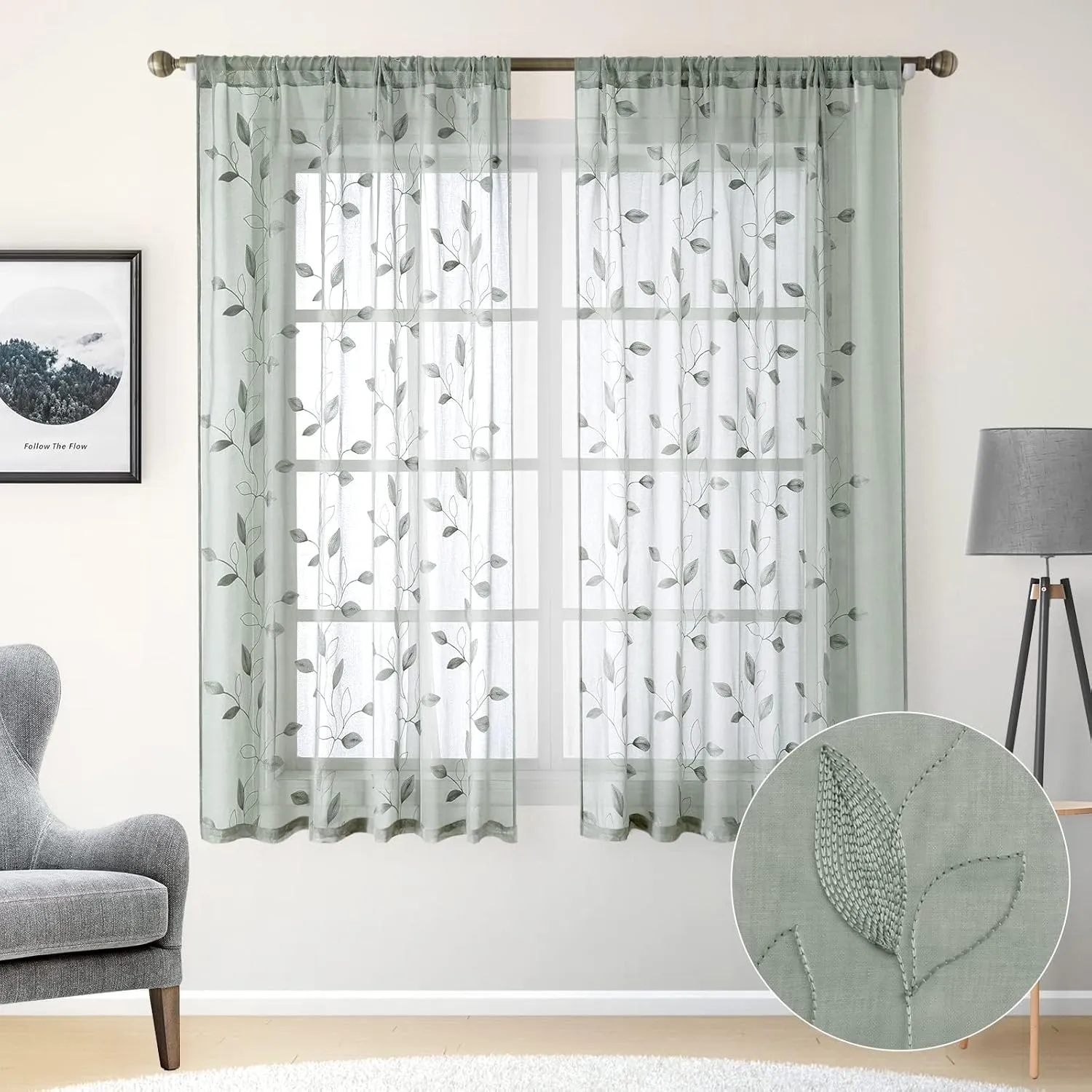 HOMEIDEAS Sage Green Sheer Curtains 52 X 63 Inches Length 2 Panels Embroidered Leaf Pattern Pocket Faux Linen Floral Semi Sheer Voile Window Curtains/Drapes for Bedroom Living Room