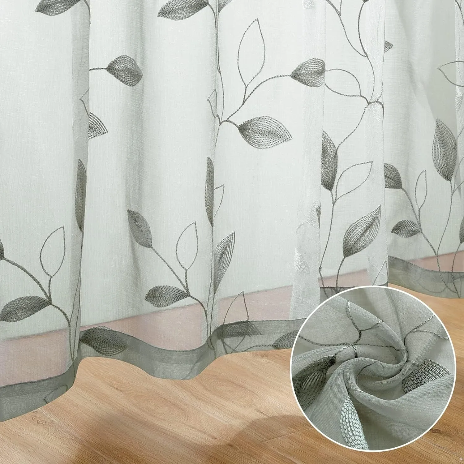 HOMEIDEAS Sage Green Sheer Curtains 52 X 63 Inches Length 2 Panels Embroidered Leaf Pattern Pocket Faux Linen Floral Semi Sheer Voile Window Curtains/Drapes for Bedroom Living Room