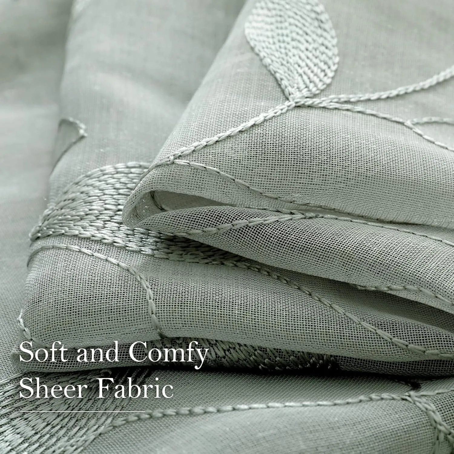 HOMEIDEAS Sage Green Sheer Curtains 52 X 63 Inches Length 2 Panels Embroidered Leaf Pattern Pocket Faux Linen Floral Semi Sheer Voile Window Curtains/Drapes for Bedroom Living Room