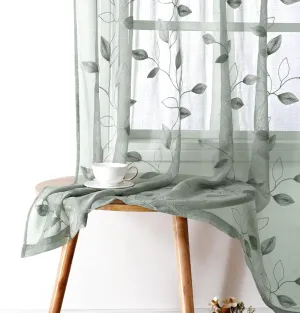 HOMEIDEAS Sage Green Sheer Curtains 52 X 63 Inches Length 2 Panels Embroidered Leaf Pattern Pocket Faux Linen Floral Semi Sheer Voile Window Curtains/Drapes for Bedroom Living Room
