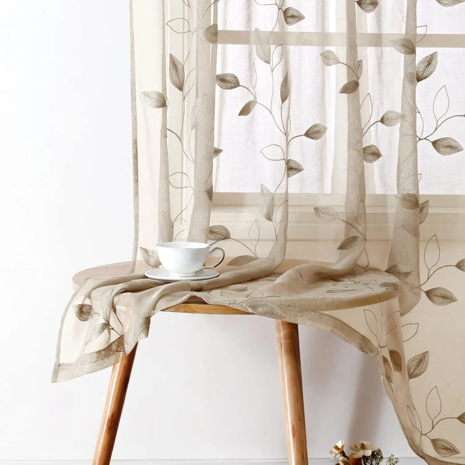 HOMEIDEAS Taupe Sheer Curtains 52 X 63 Inches Length 2 Panels Beige Embroidered Leaf Pattern Pocket Faux Linen Floral Semi Sheer Voile Window Curtains/Drapes for Bedroom Living Room