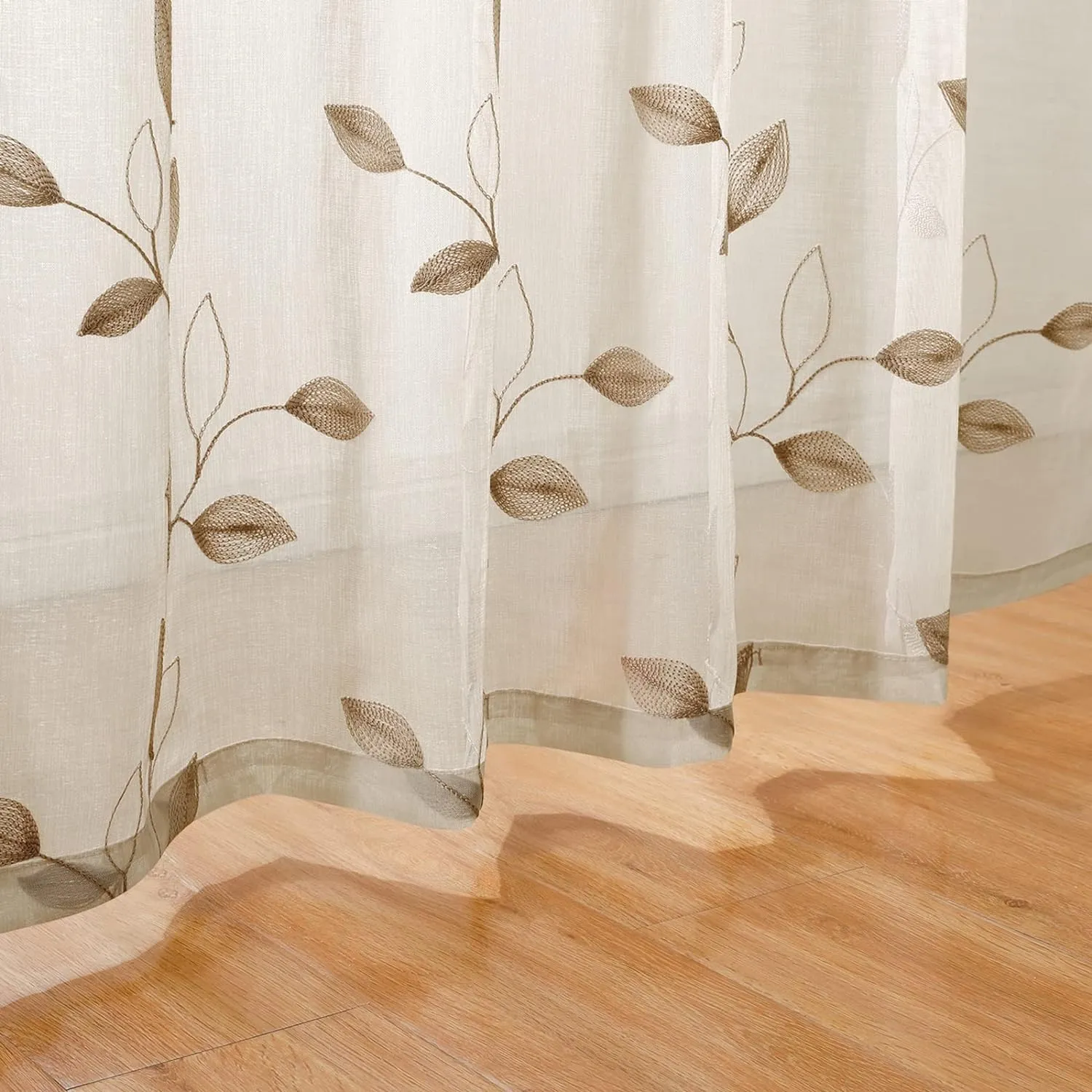 HOMEIDEAS Taupe Sheer Curtains 52 X 63 Inches Length 2 Panels Beige Embroidered Leaf Pattern Pocket Faux Linen Floral Semi Sheer Voile Window Curtains/Drapes for Bedroom Living Room