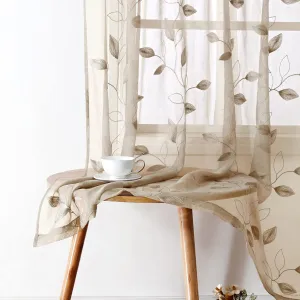 HOMEIDEAS Taupe Sheer Curtains 52 X 63 Inches Length 2 Panels Beige Embroidered Leaf Pattern Pocket Faux Linen Floral Semi Sheer Voile Window Curtains/Drapes for Bedroom Living Room