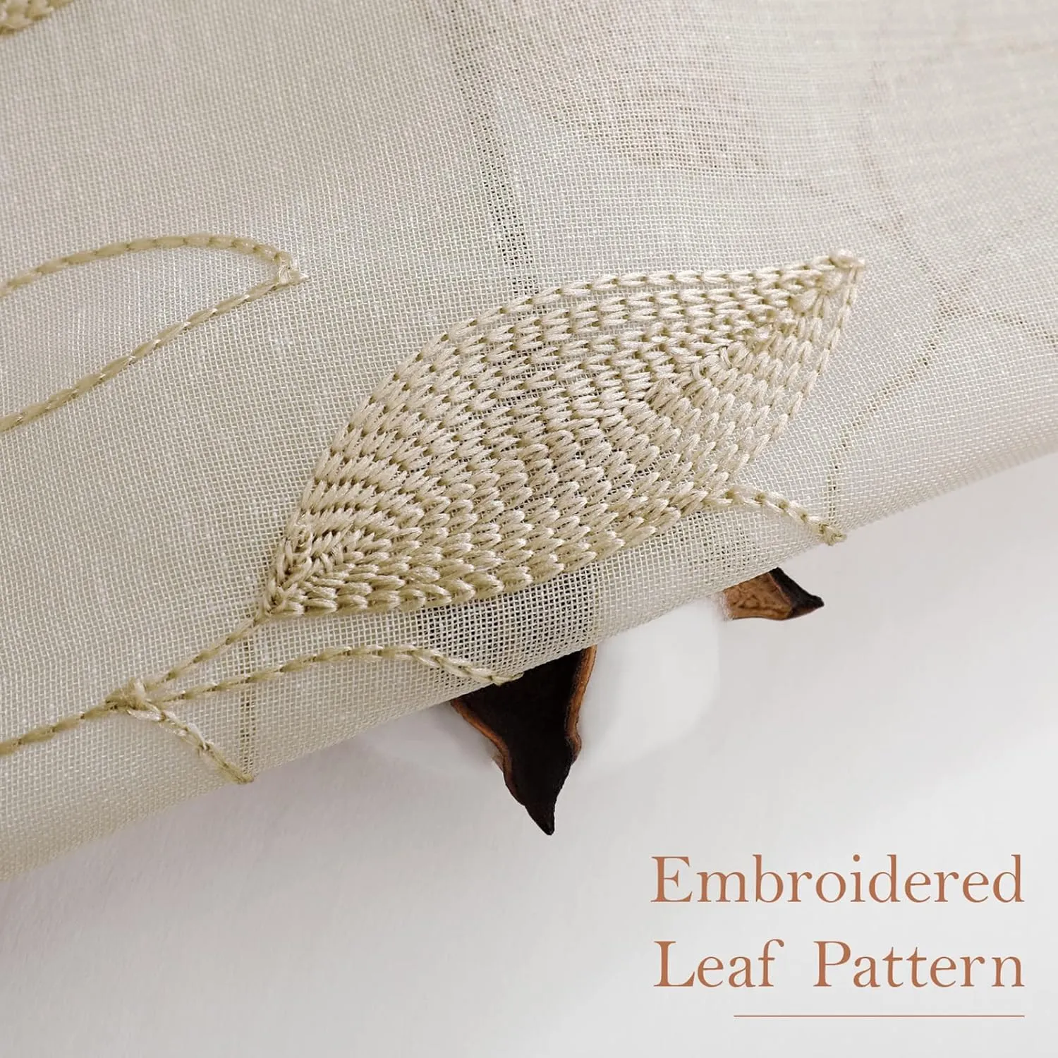 HOMEIDEAS Taupe Sheer Curtains 52 X 63 Inches Length 2 Panels Beige Embroidered Leaf Pattern Pocket Faux Linen Floral Semi Sheer Voile Window Curtains/Drapes for Bedroom Living Room