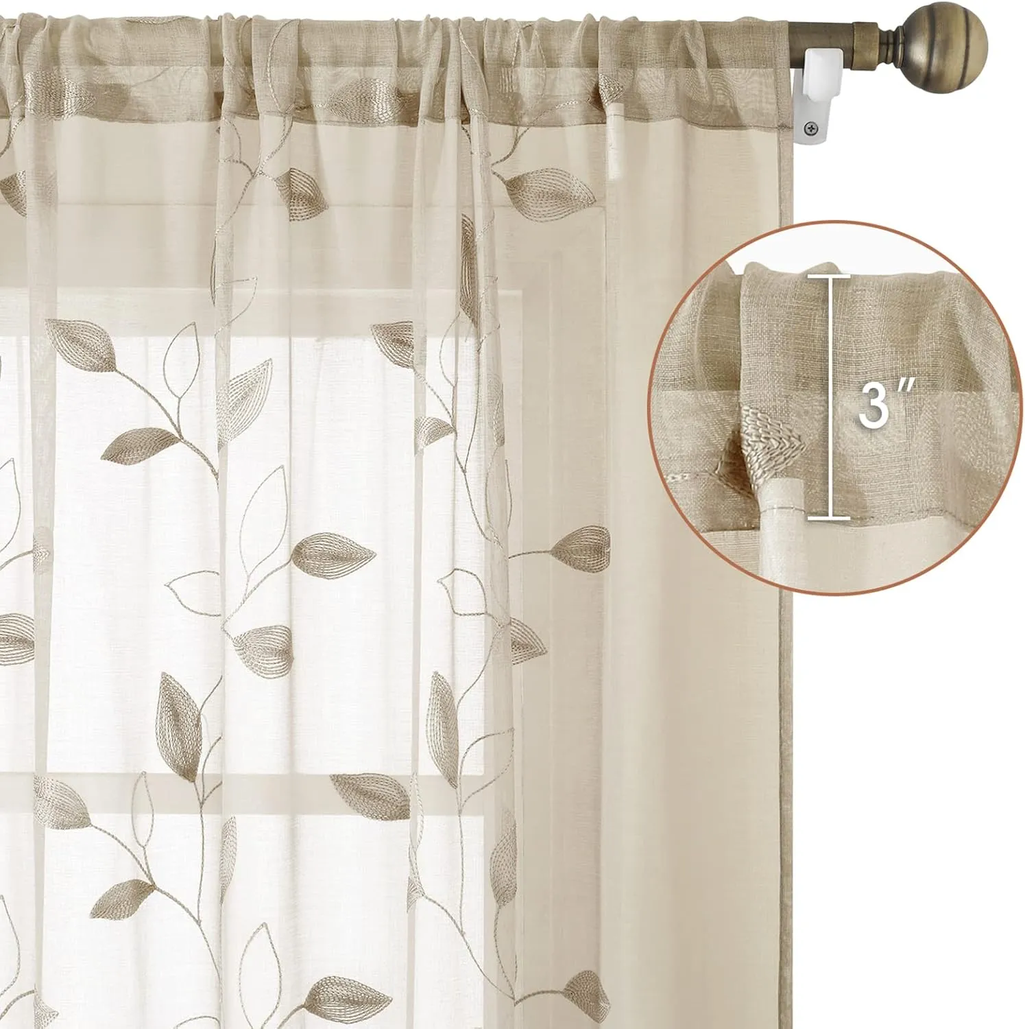 HOMEIDEAS Taupe Sheer Curtains 52 X 63 Inches Length 2 Panels Beige Embroidered Leaf Pattern Pocket Faux Linen Floral Semi Sheer Voile Window Curtains/Drapes for Bedroom Living Room