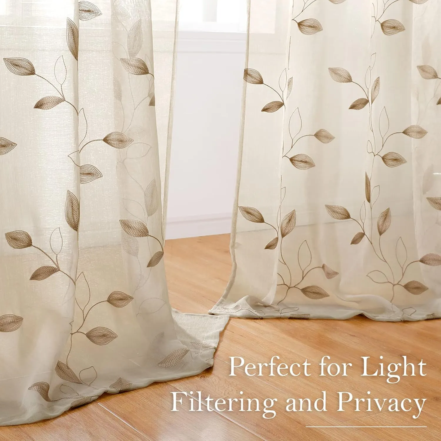 HOMEIDEAS Taupe Sheer Curtains 52 X 63 Inches Length 2 Panels Beige Embroidered Leaf Pattern Pocket Faux Linen Floral Semi Sheer Voile Window Curtains/Drapes for Bedroom Living Room