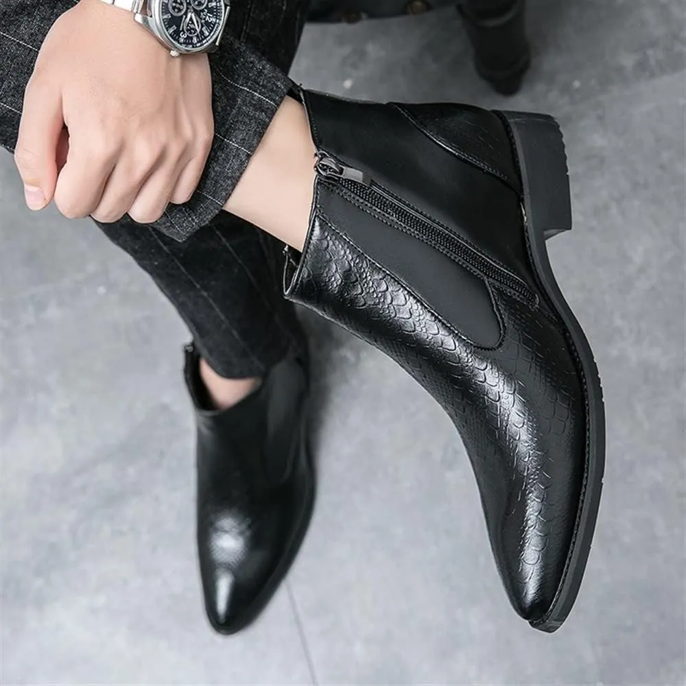 HOOENG Round Toe Ankle Boots for Men Round Toe Faux Crocodile Embossed PU Leather Non Slip Waterproof Wearable Slip On Formal