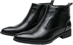 HOOENG Round Toe Ankle Boots for Men Round Toe Faux Crocodile Embossed PU Leather Non Slip Waterproof Wearable Slip On Formal