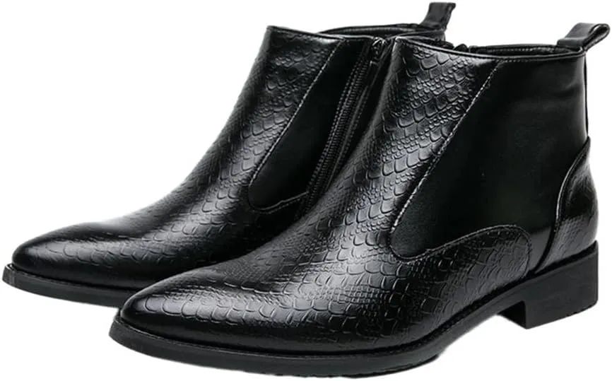 HOOENG Round Toe Ankle Boots for Men Round Toe Faux Crocodile Embossed PU Leather Non Slip Waterproof Wearable Slip On Formal