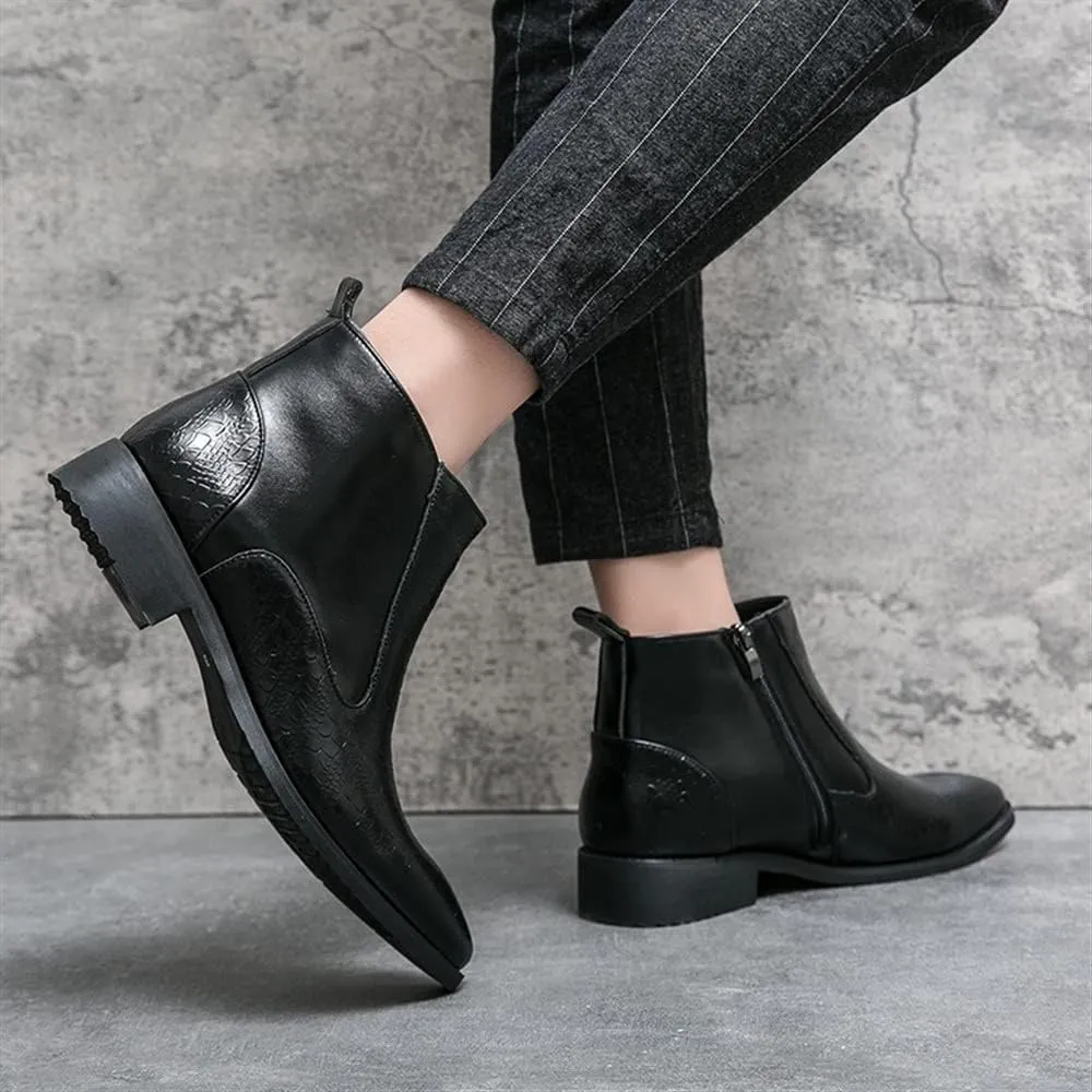 HOOENG Round Toe Ankle Boots for Men Round Toe Faux Crocodile Embossed PU Leather Non Slip Waterproof Wearable Slip On Formal