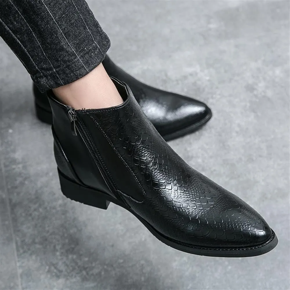 HOOENG Round Toe Ankle Boots for Men Round Toe Faux Crocodile Embossed PU Leather Non Slip Waterproof Wearable Slip On Formal