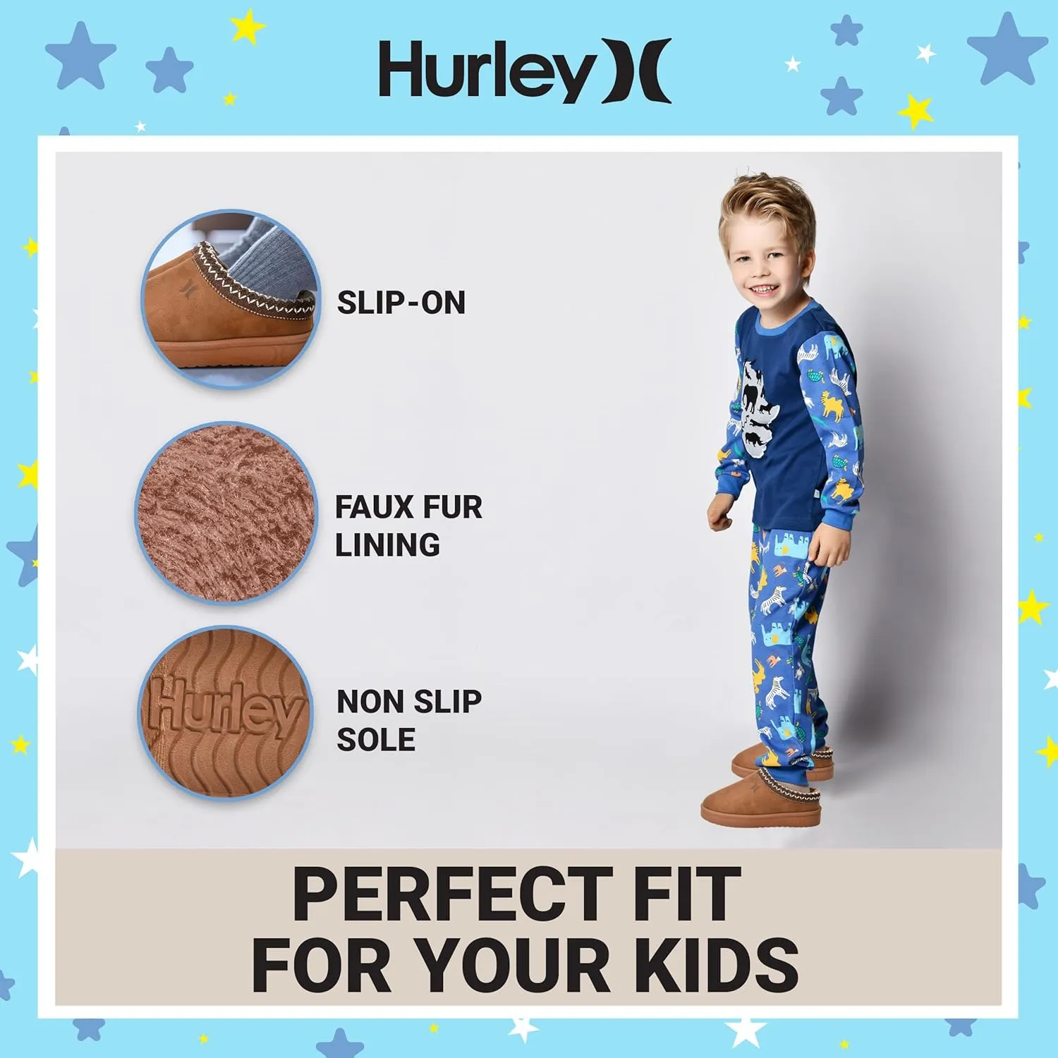 Hurley Kids Modi Slippers - Indoor and Outdoor Slip-On Shoes for Boys and Girls, Durable Clogs With Faux Fur Fleece Lining - Warm Winter House Slippers