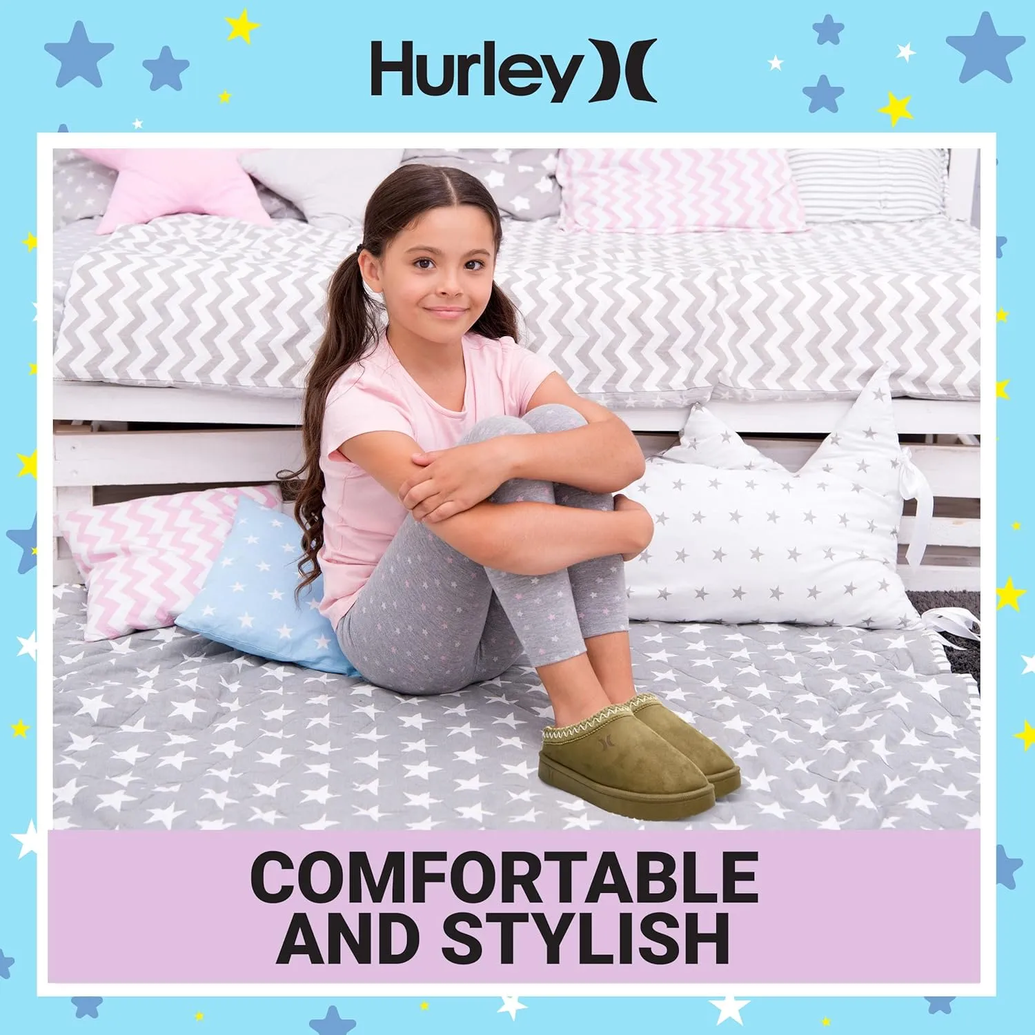Hurley Kids Modi Slippers - Indoor and Outdoor Slip-On Shoes for Boys and Girls, Durable Clogs With Faux Fur Fleece Lining - Warm Winter House Slippers