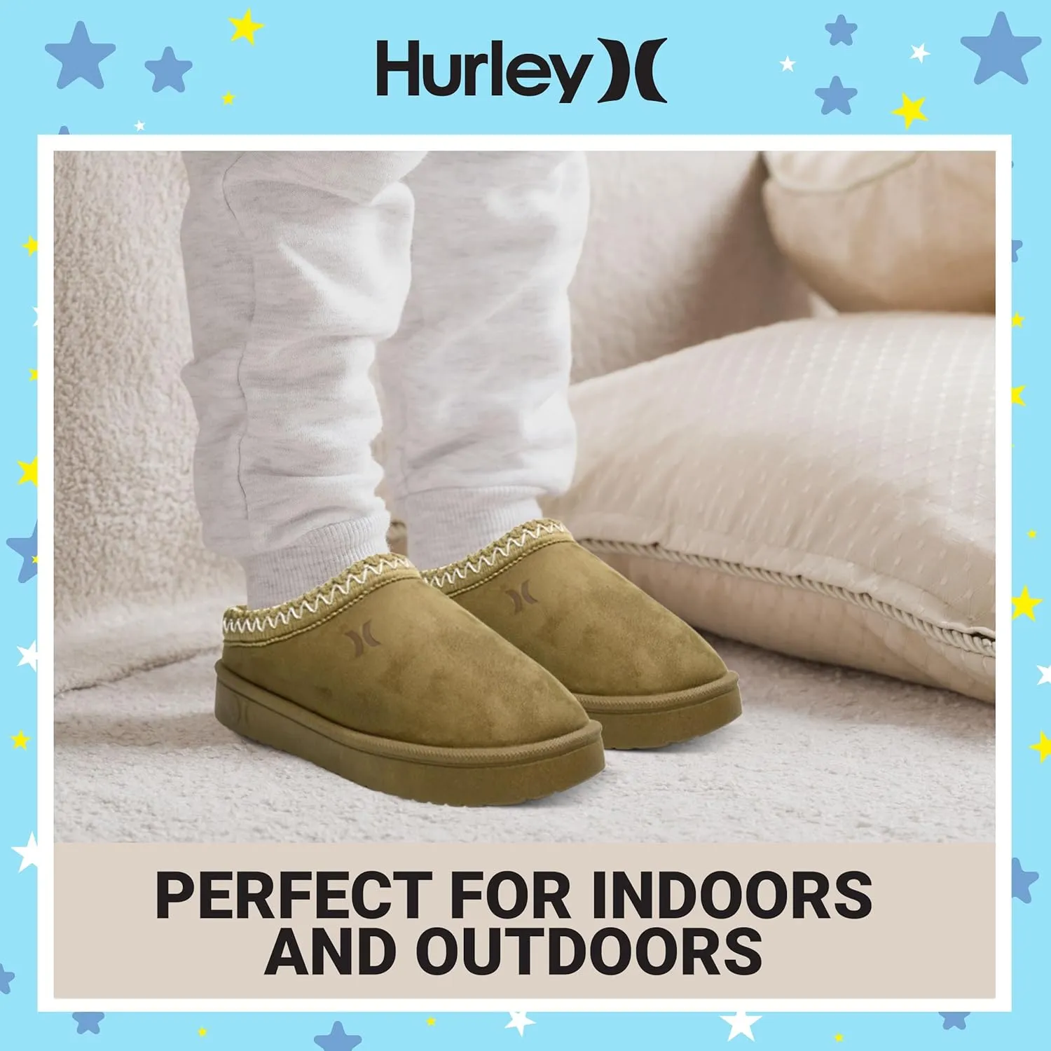 Hurley Kids Modi Slippers - Indoor and Outdoor Slip-On Shoes for Boys and Girls, Durable Clogs With Faux Fur Fleece Lining - Warm Winter House Slippers