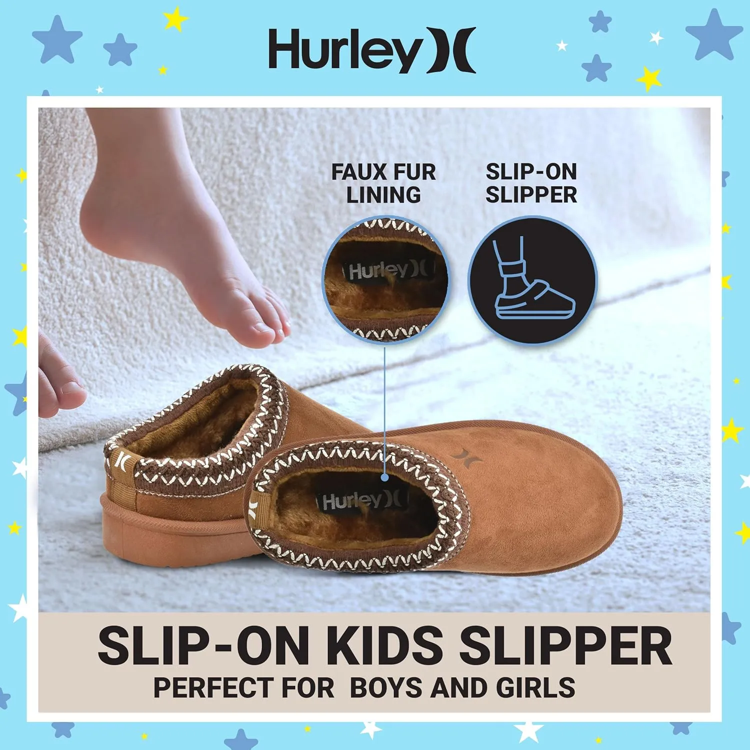 Hurley Kids Modi Slippers - Indoor and Outdoor Slip-On Shoes for Boys and Girls, Durable Clogs With Faux Fur Fleece Lining - Warm Winter House Slippers